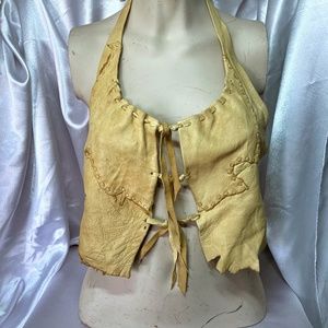Vintage 1960's Handmade Tan Leather Halter Top / Crop Top - Hippie, Boho